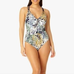 NWOT Hurley Womens One Piece Palm Print Swimsuit Criss Cross Straps Size L
